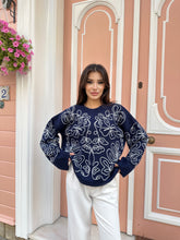 Nakışlı Oversize Yumuşak Dokulu Şardonlu Triko Kazak 2626 - Lacivert